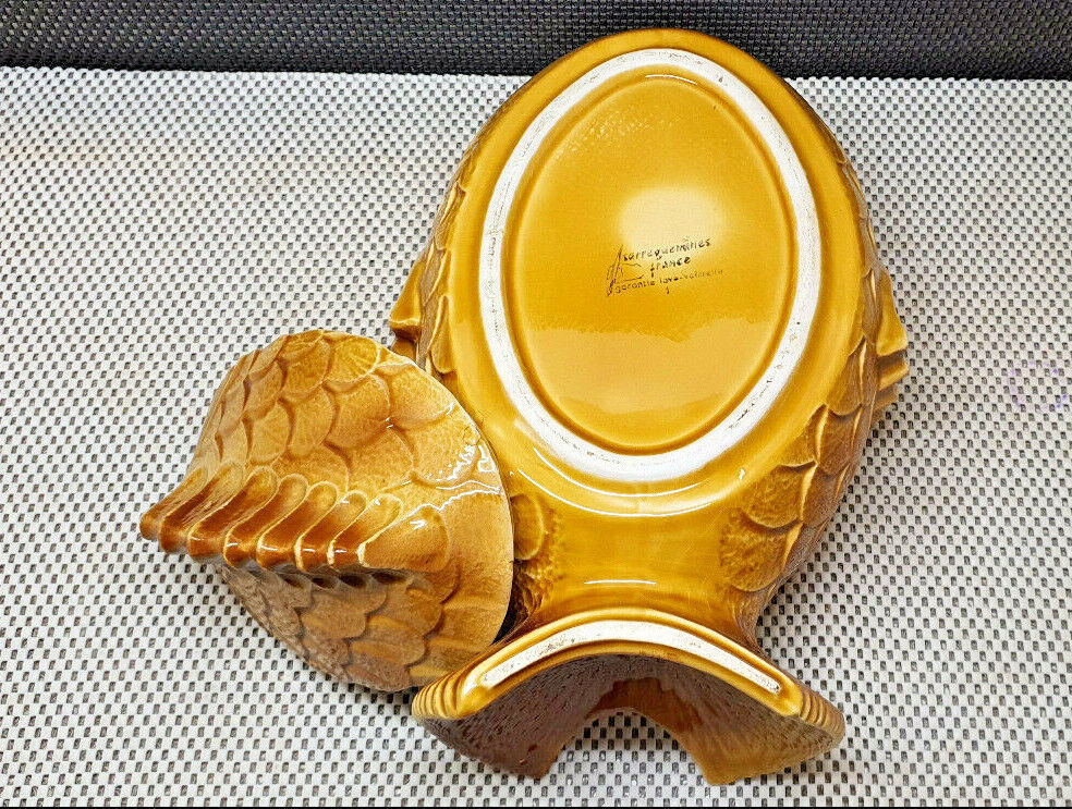 Old tureen yellow fish earthenware Sarreguemines France Slip