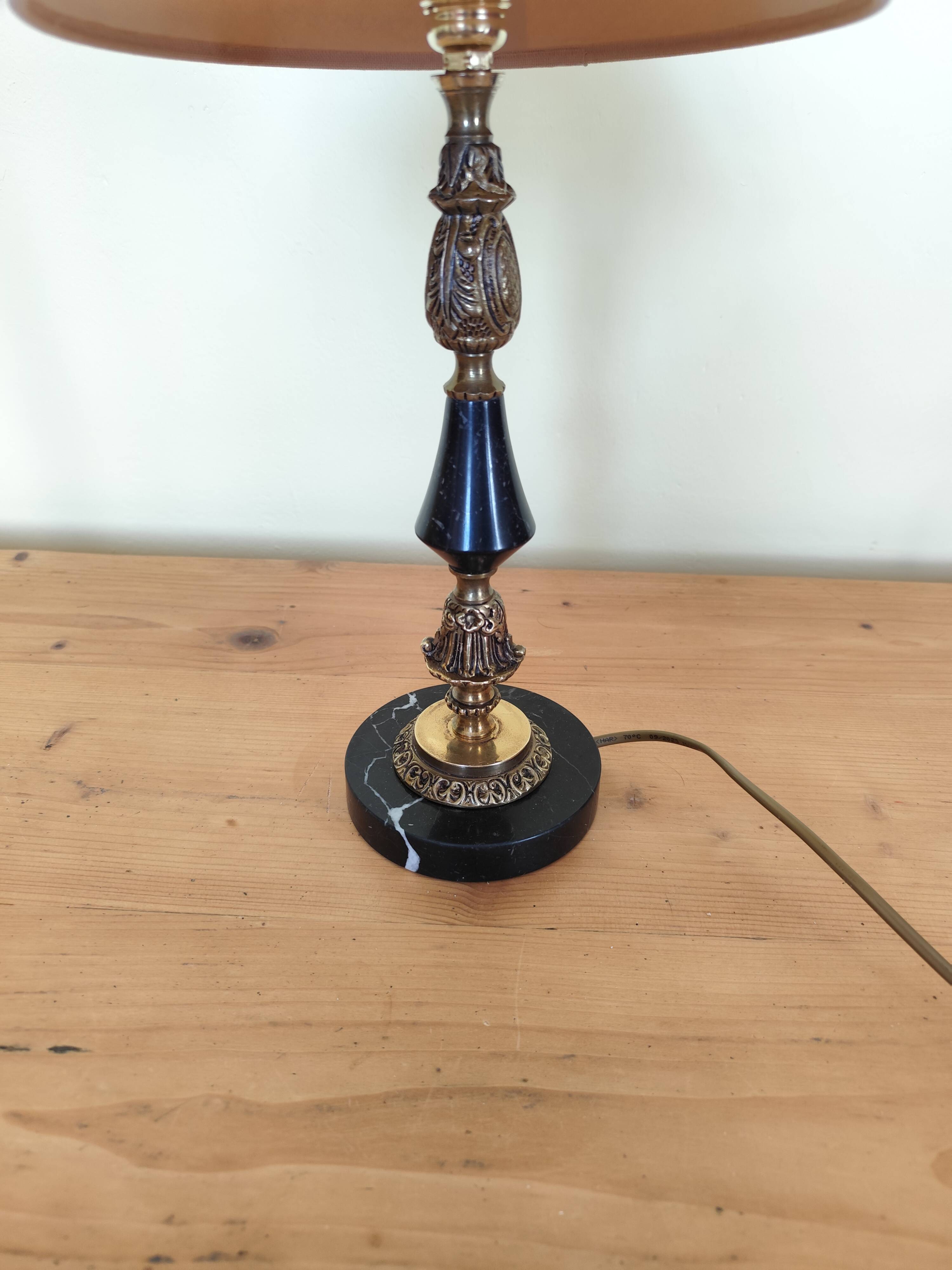 Table lamp base candlestick in chiselled brass and marble base.