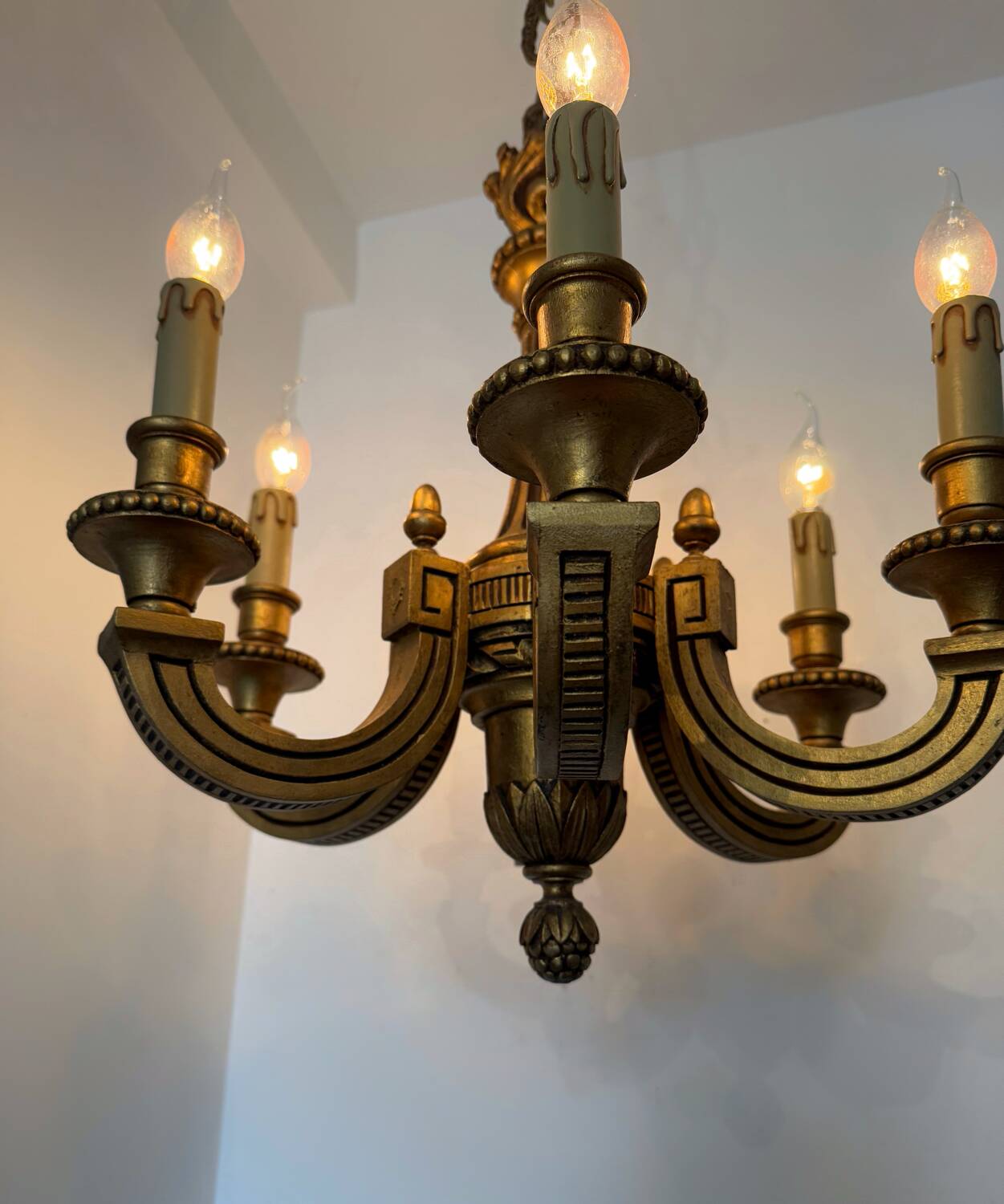 60s carved wood candle chandelier