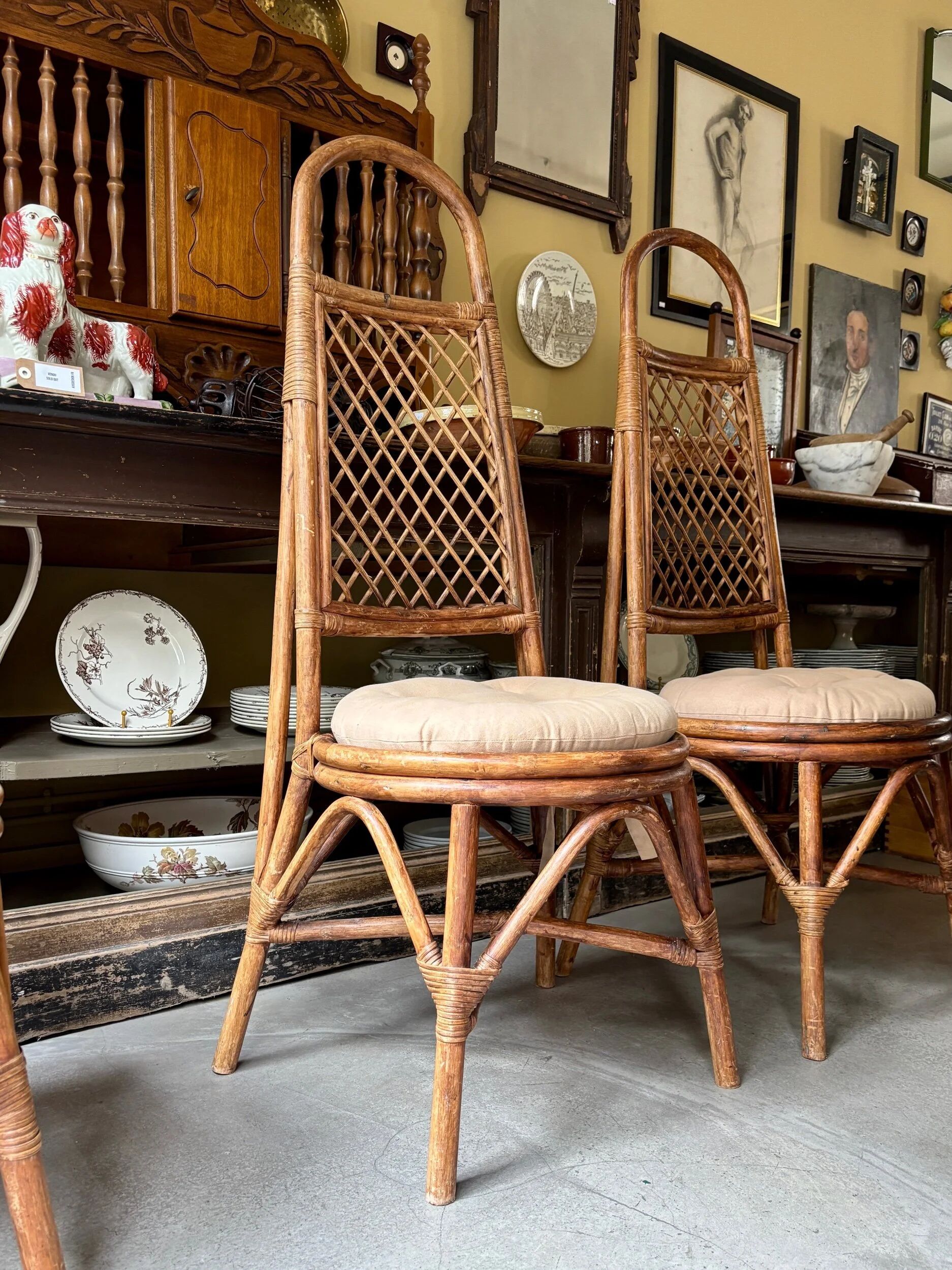 4 bent bamboo and rattan chairs