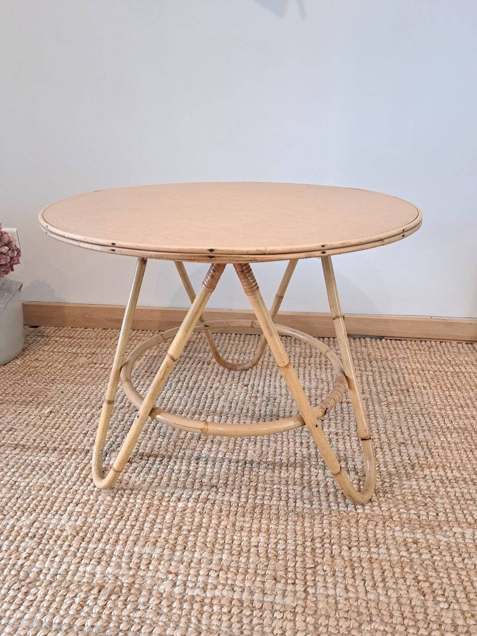 Vintage round bamboo and rattan table