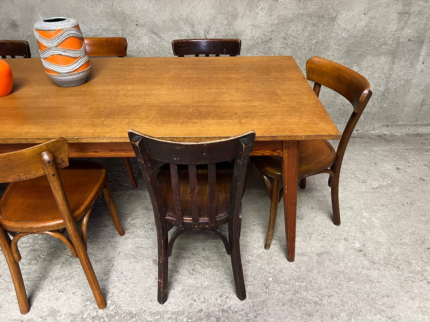 Vintage oak farm table with compass legs, 1950s