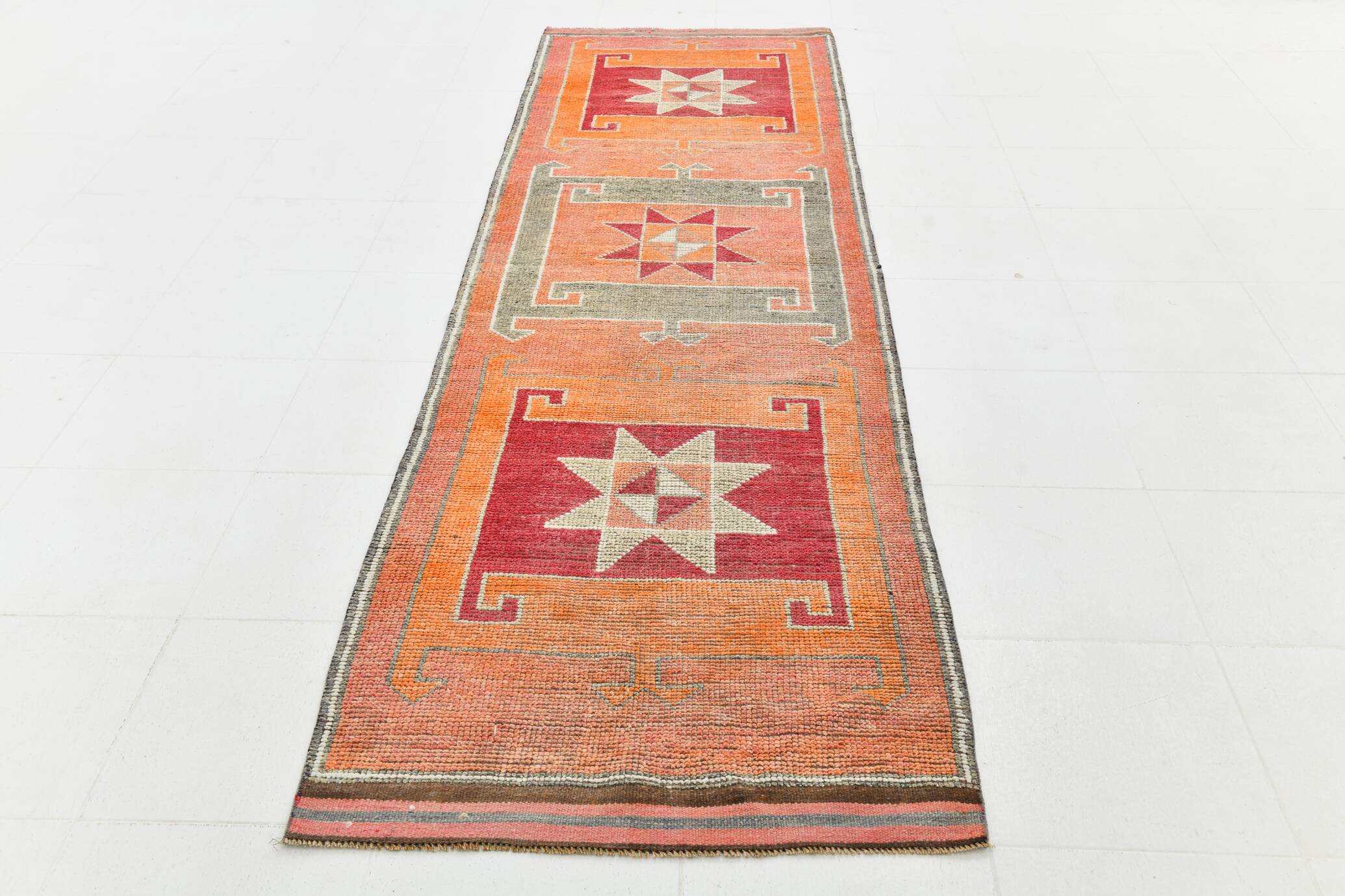 Red & Green Turkish Vintage Runner Rug, 93x342Cm