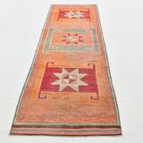 Red & Green Turkish Vintage Runner Rug, 93x342Cm