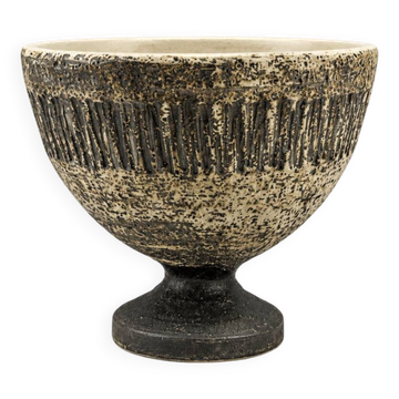 Vintage ceramic pedestal bowl – textured black and beige decor
