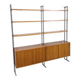 Modulair Omnia wandsysteem, Hilker, teak en zwart staal met legplanken