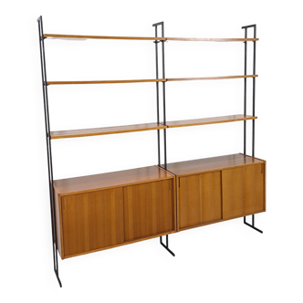 Modulair Omnia wandsysteem, Hilker, teak en zwart staal met legplanken