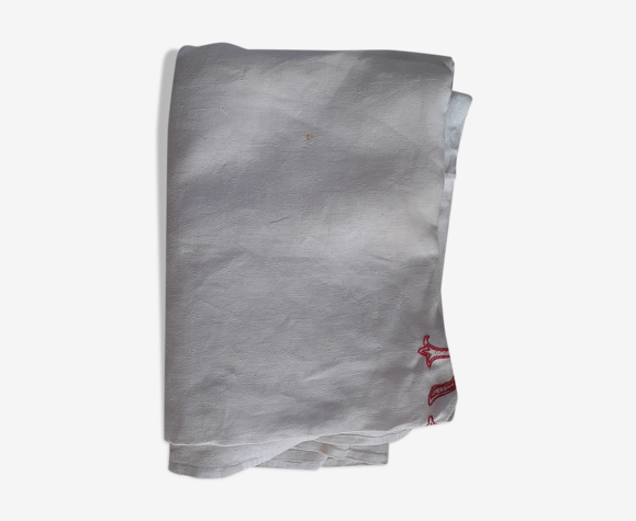 Nappe ancienne damassée blanche Monogramme central rouge.
