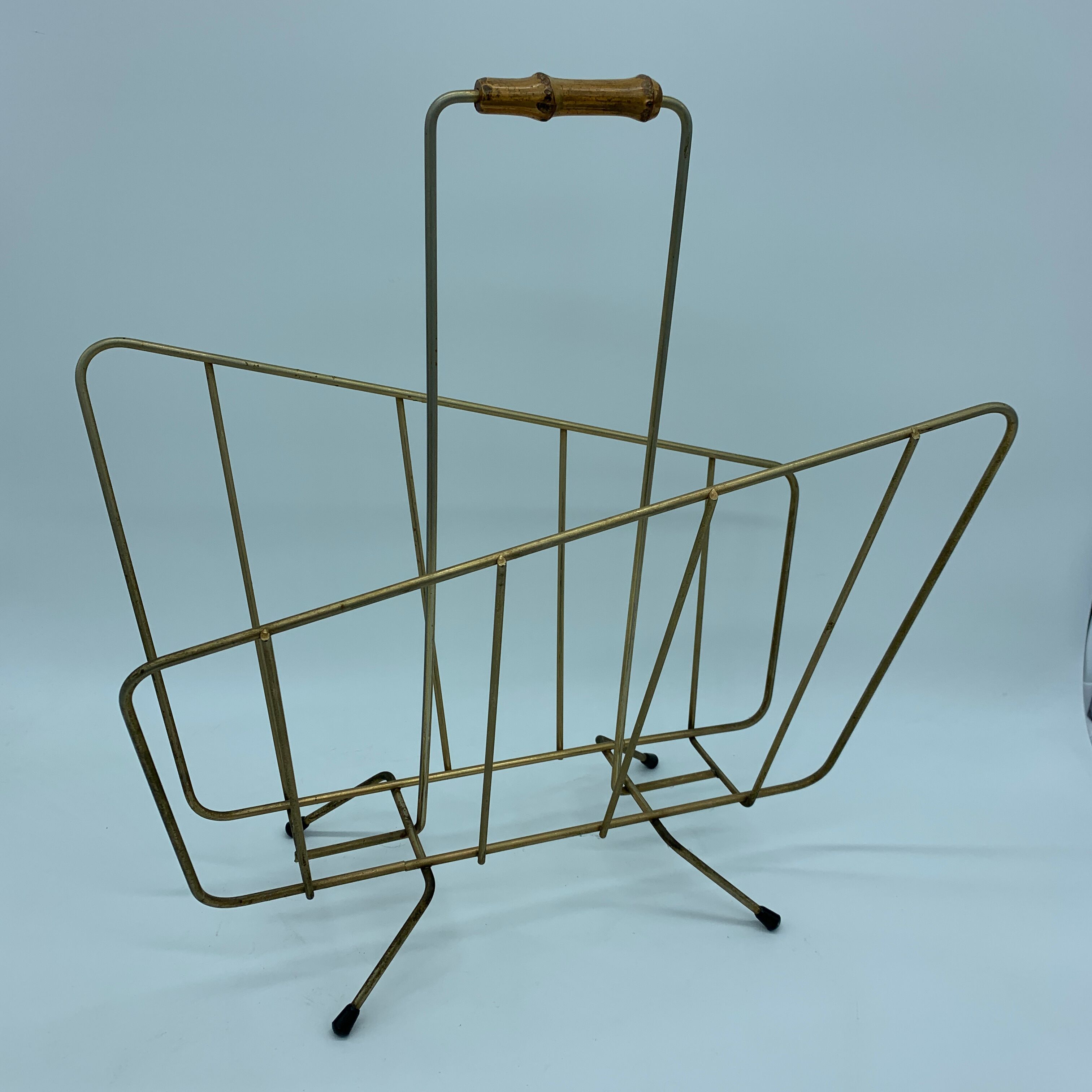 Vintage magazine holder in gold steel bamboo handle