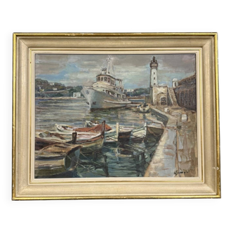 Painting / oil on canvas Art Deco period circa 1940 port view