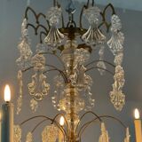 Gilt bronze cage chandelier decorated with glass pendants in the shape of peacock feathers circa 1800