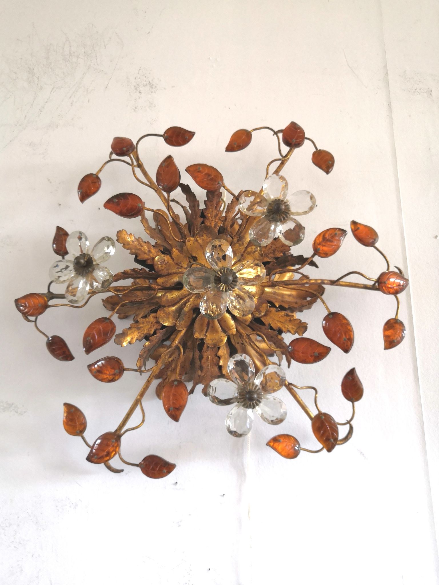 Italian ceiling lamp of Florence House Banci gilded and murano glasses design 70s