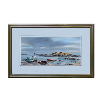 Watercolor painting "Low tide Aber Wrac'h" J.J. BARZIC (1949) Brittany + frame