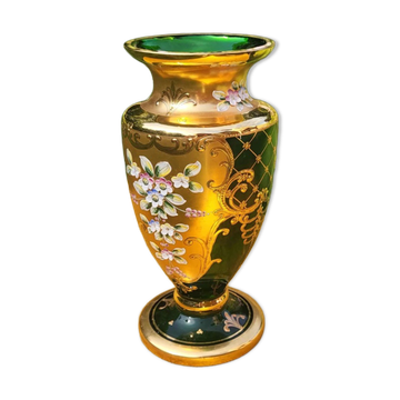Bohemian Crystal Emerald Green Vase with 24K Gold Encrusted Floral Design
