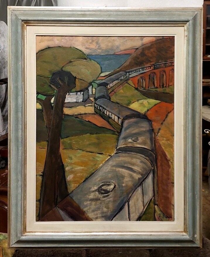 Oil painting on canvas "The Train" Franco Prayer (1924) 80 x 60 cm