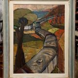 Oil painting on canvas "The Train" Franco Prayer (1924) 80 x 60 cm