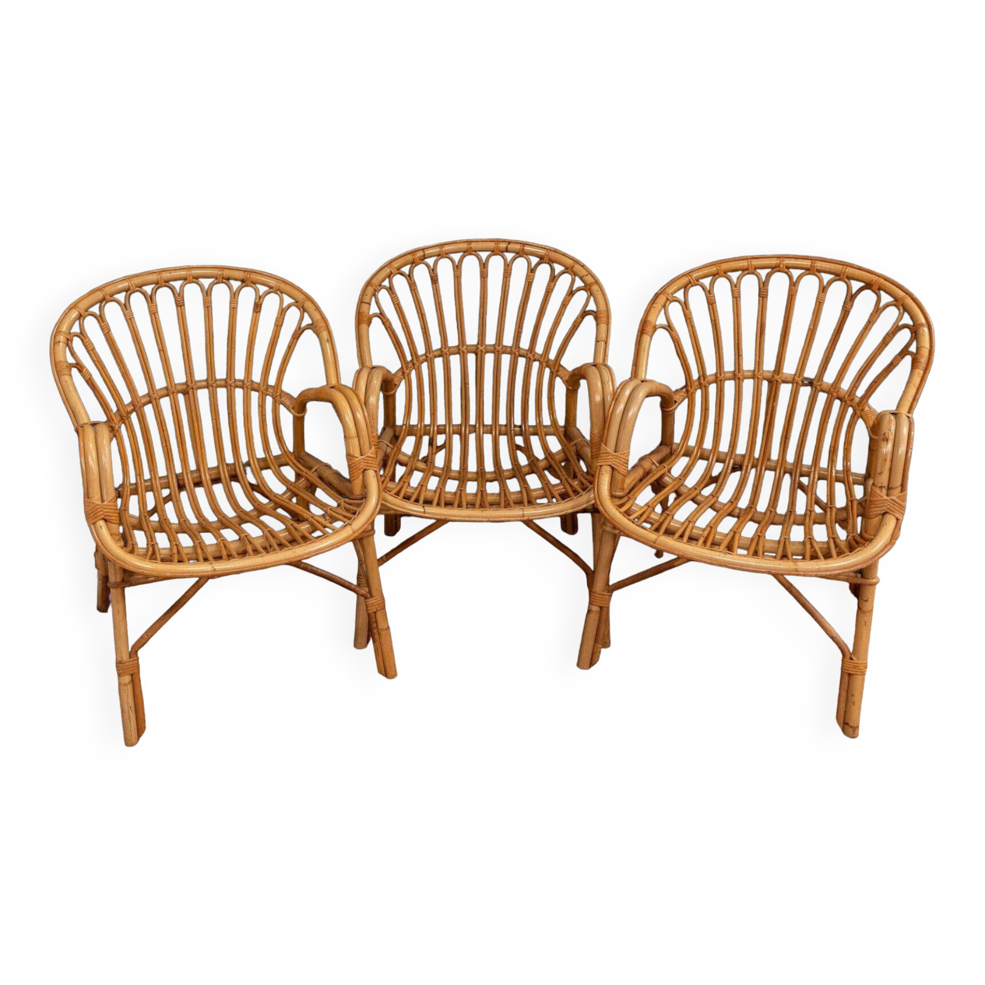 Suite of three rattan armchairs 1960 with original patina