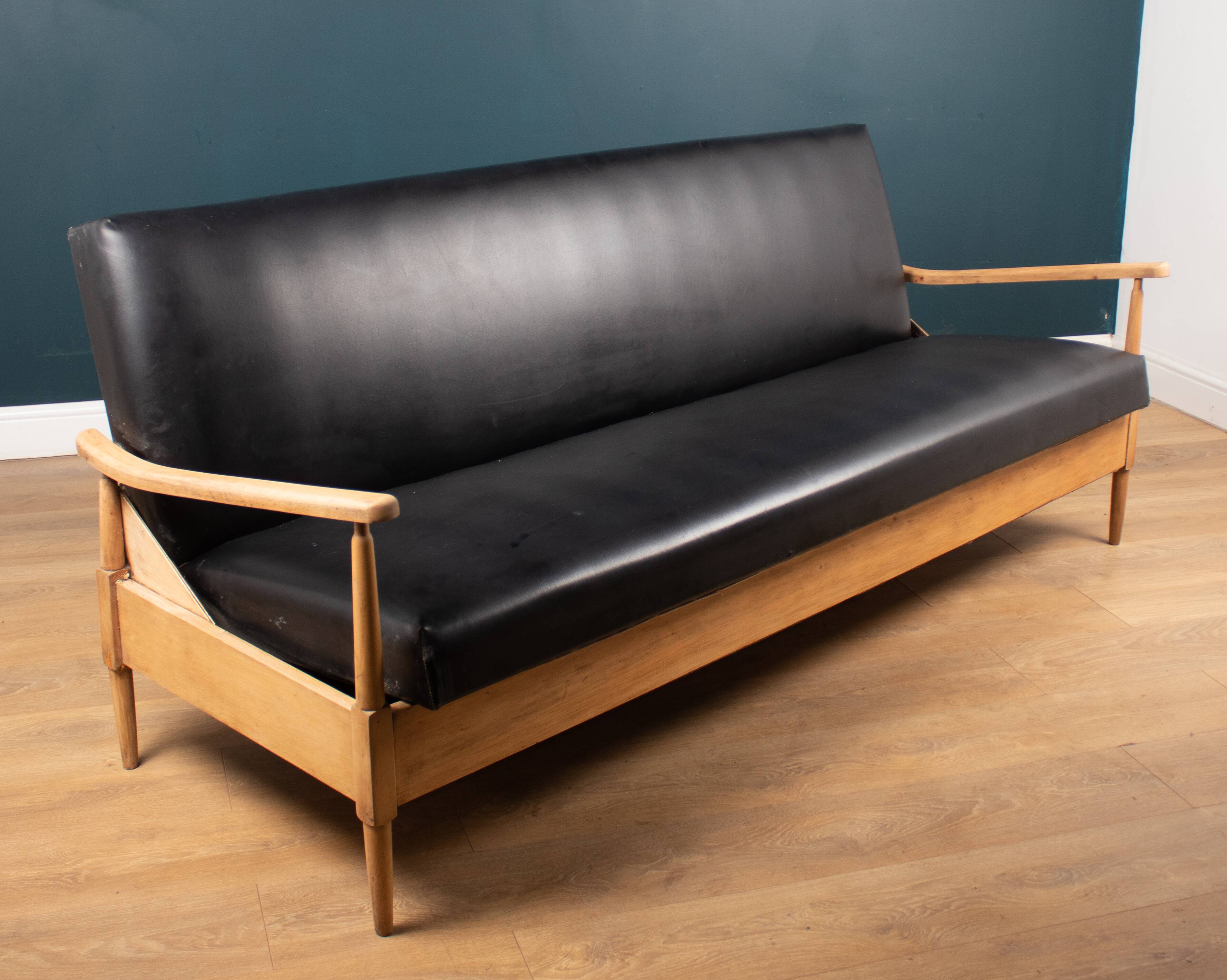 Retro Mid Century Teak & Beach Day Bed Sofa Bed In Black Leather