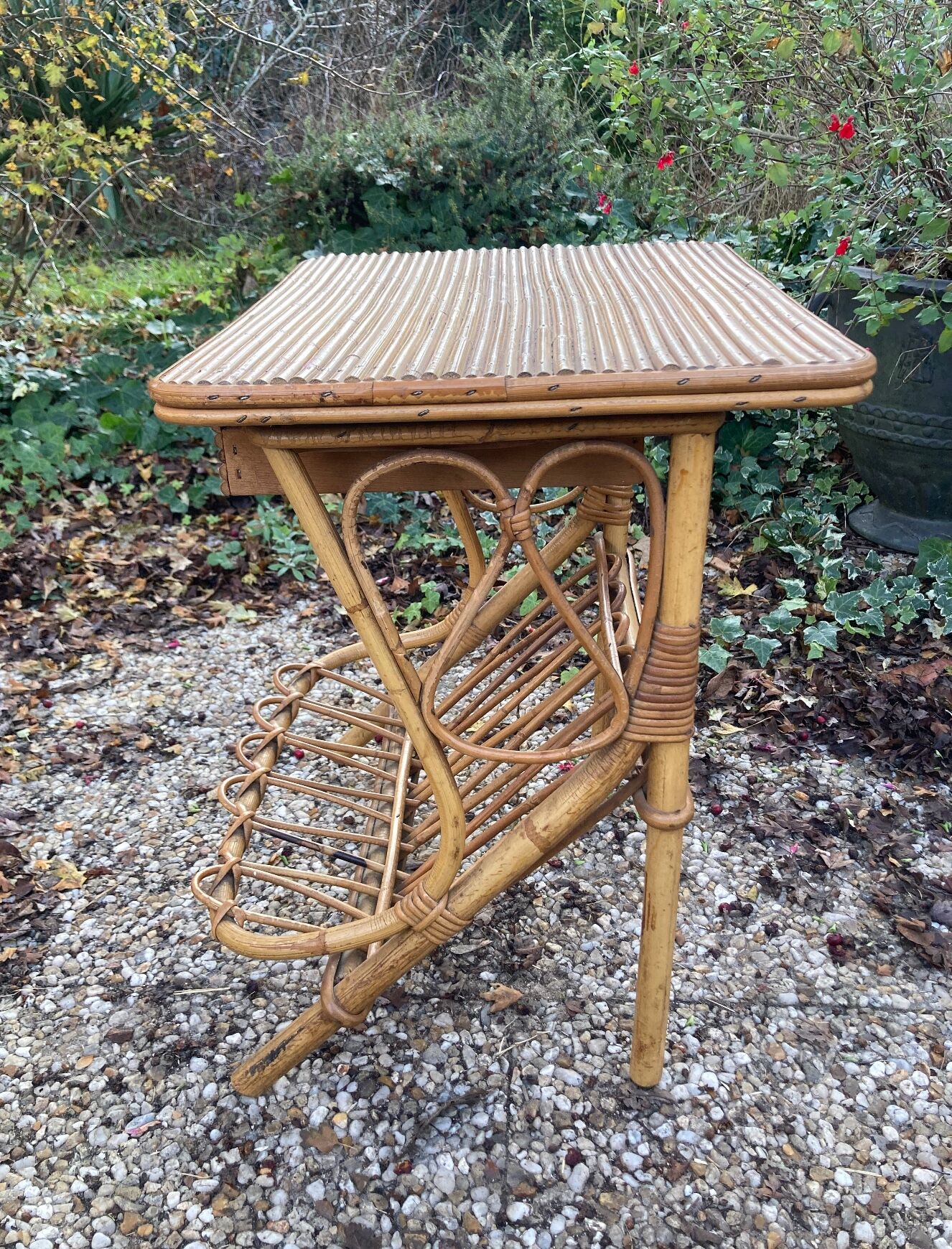 Vintage rattan magazine rack table
