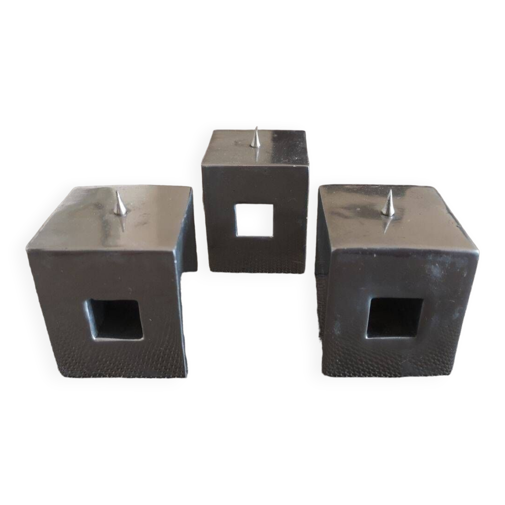 Set of three design candlesticks in brushed steel - Vintage Habitat - 1970s/1980s