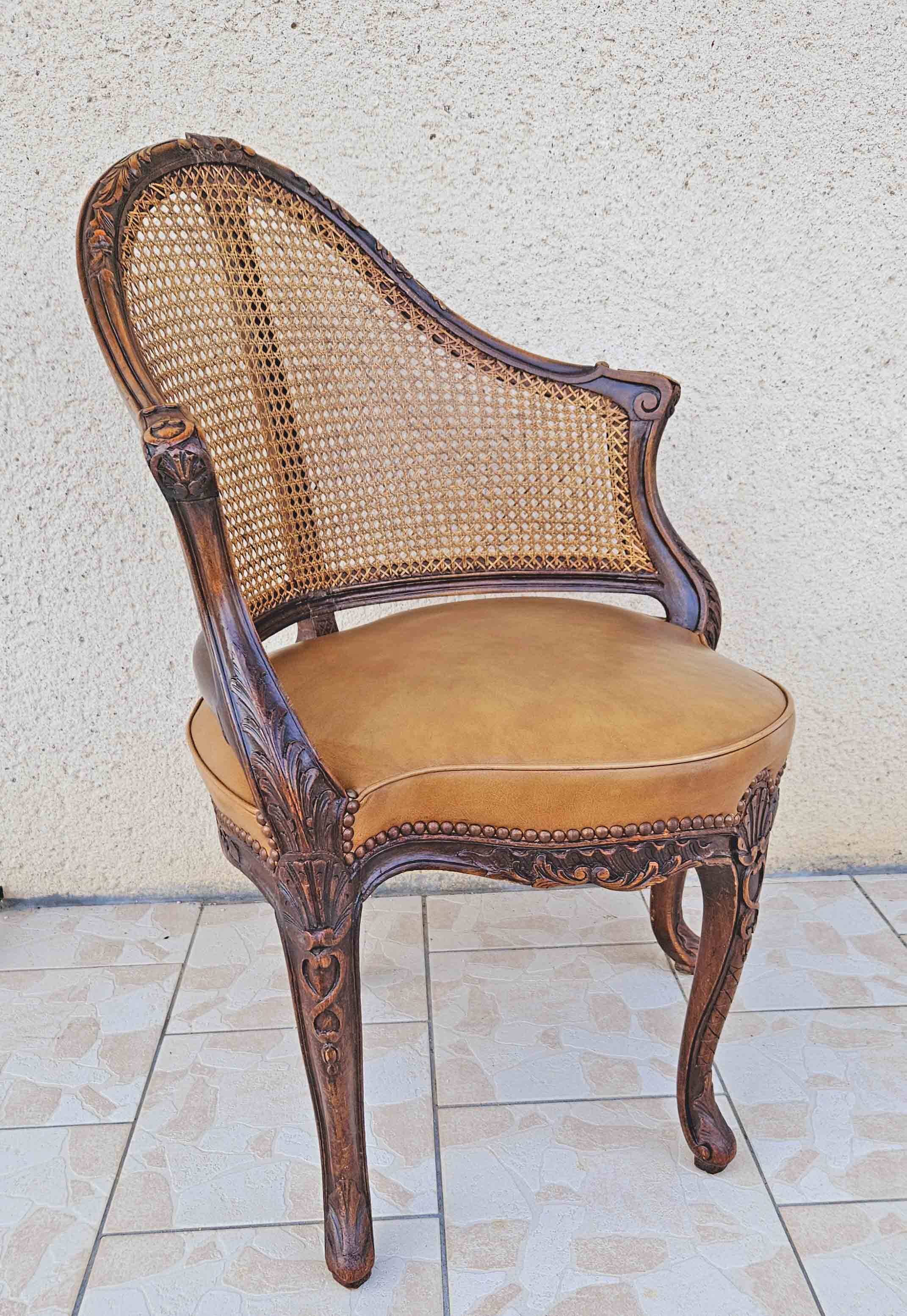 Louis xv office armchair, carved, cane, leather trimmed