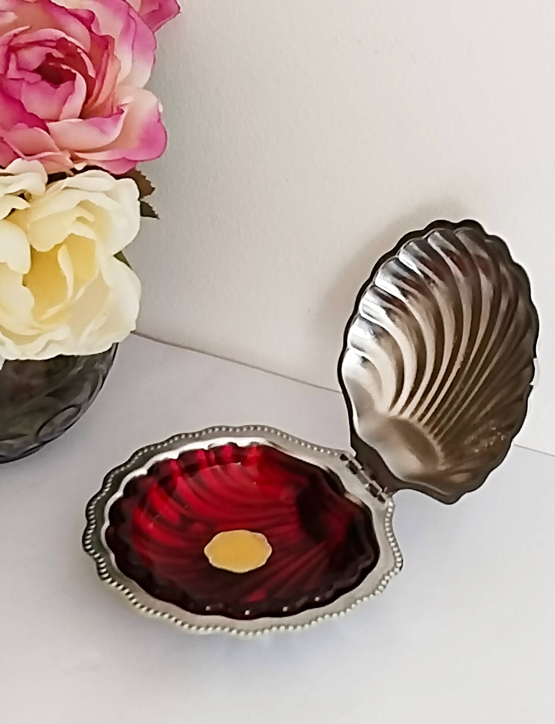 Stainless steel scallop butter dish, red glass shell