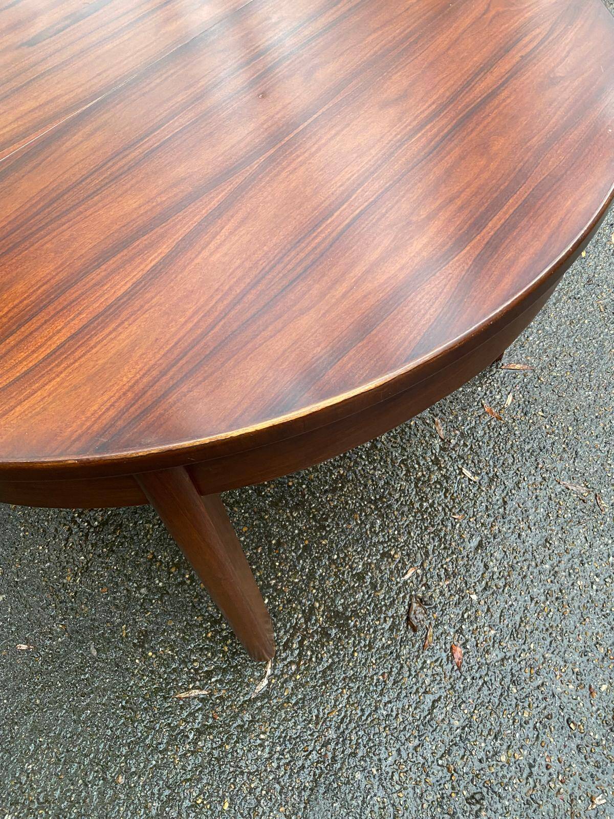 Scandinavian dining table and 4 Hans Olsen style chairs in teak and velvet.