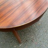 Scandinavian dining table and 4 Hans Olsen style chairs in teak and velvet.