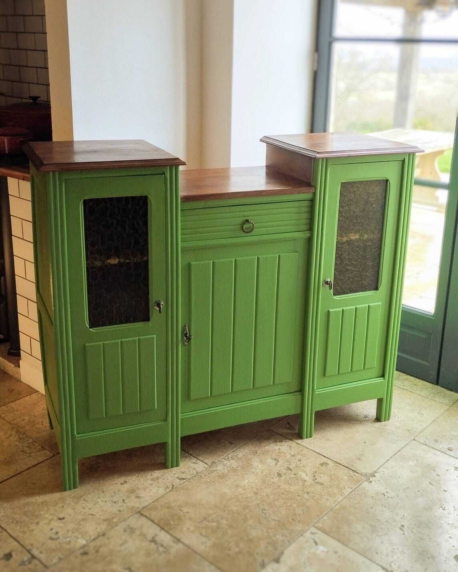 Art Deco Gin Buffet, painted in Farrow and Ball with a William Morris-inspired interior