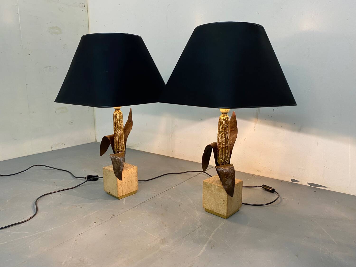 Vintage Bronze, Brass and Travertin Table Lamps in the manner of Maison Charles, 1970s, Set of 2