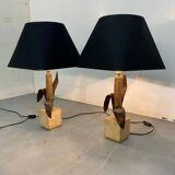 Vintage Bronze, Brass and Travertin Table Lamps in the manner of Maison Charles, 1970s, Set of 2