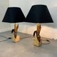 Vintage Bronze, Brass and Travertin Table Lamps in the manner of Maison Charles, 1970s, Set of 2