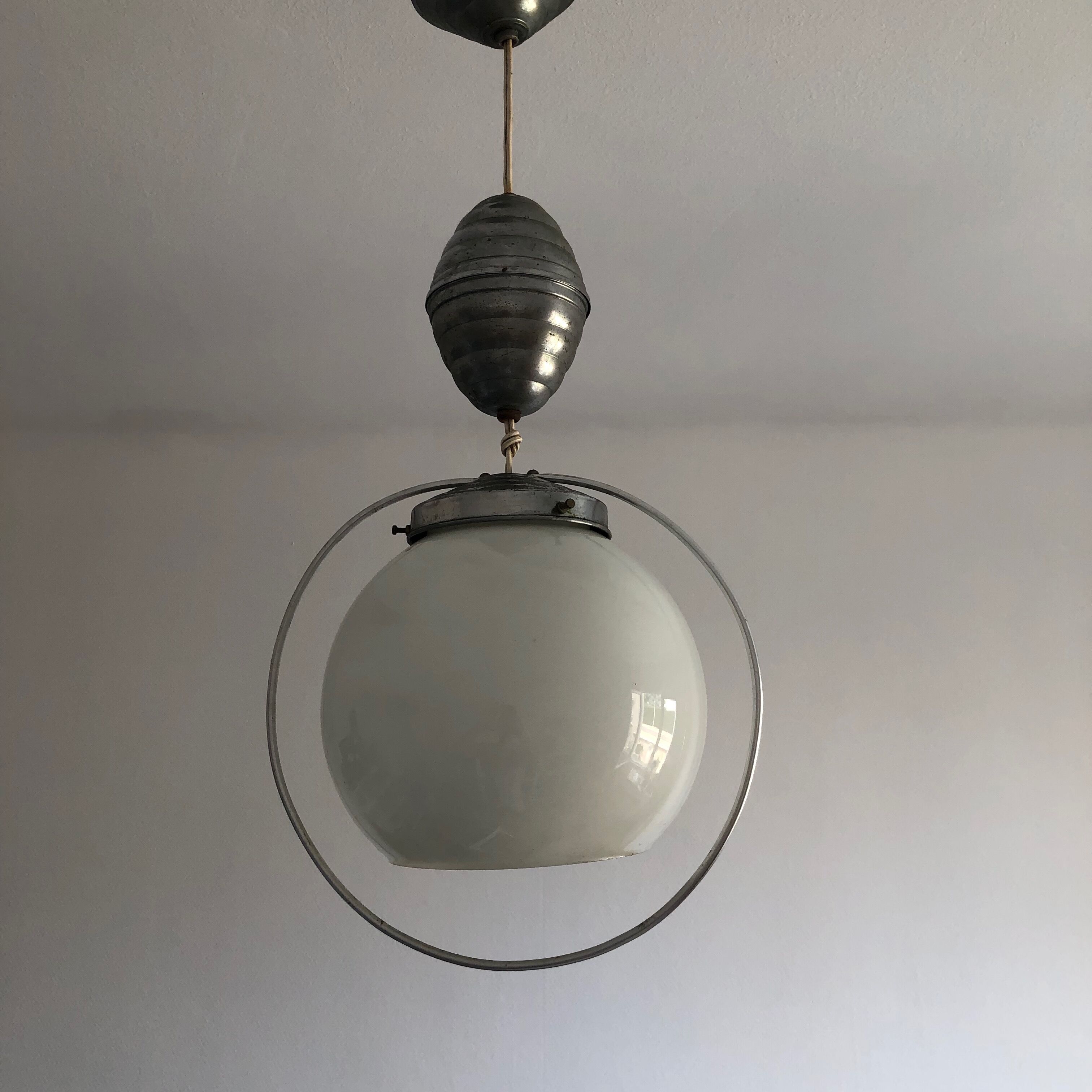 White opaline hanging lamp rises and drops vintage 1930 57cm