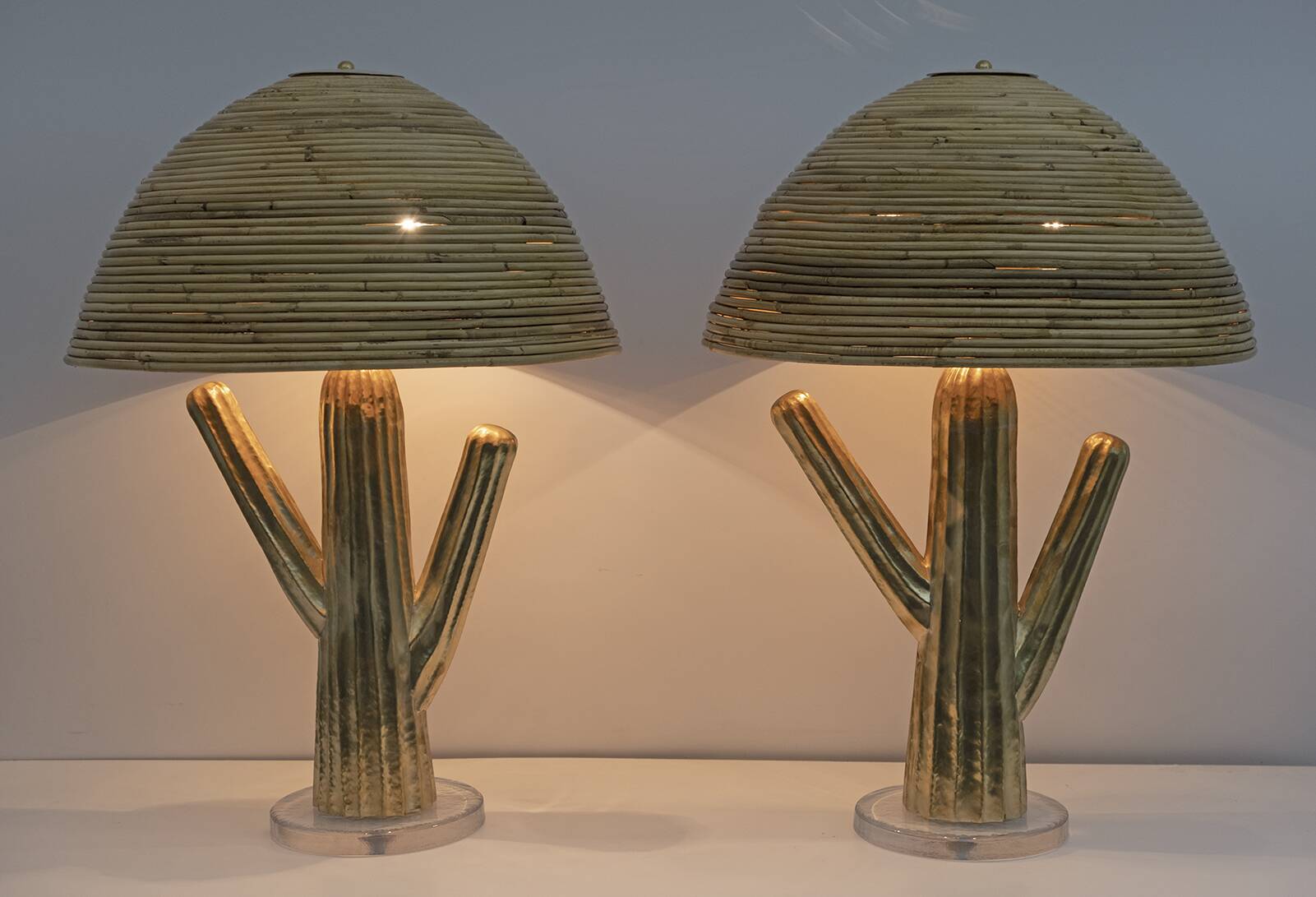 Pair of Hollywood Regency Rattan and Brass Cactus Lamps, Italy, 1990s