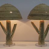 Pair of Hollywood Regency Rattan and Brass Cactus Lamps, Italy, 1990s