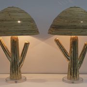 Pair of Hollywood Regency Rattan and Brass Cactus Lamps, Italy, 1990s