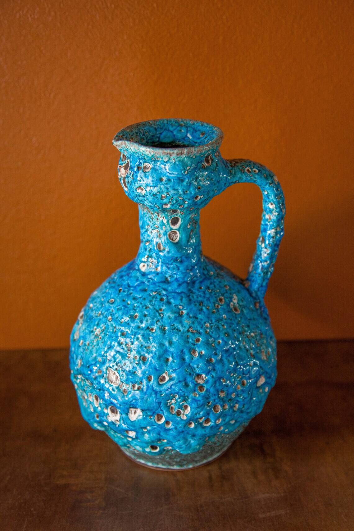 Fat Lava turquoise ceramic vase, ceramic pitcher, sea foam, blue crater vase, turquoise emaux