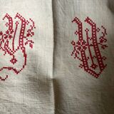 Nappe en toile de chanvre brut 19e brodée XXL