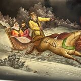 Peinture sur bois laqué Russie, Fedoskino, décor troïka datée 1987