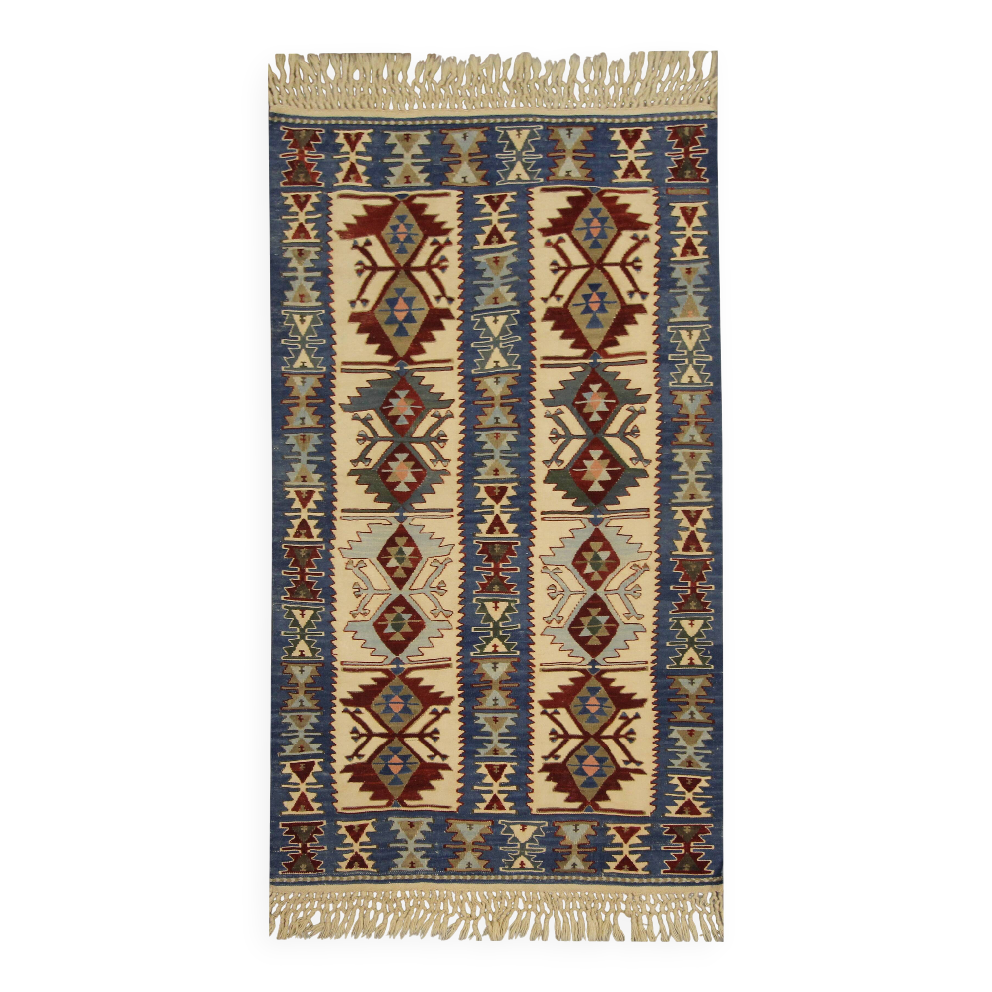 Turkish Antique Kilim Runner Blue Geometric Tribal Hallway Rug 90 x 142 cm