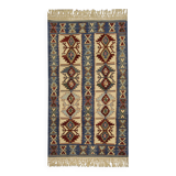 Turkish Antique Kilim Runner Blue Geometric Tribal Hallway Rug 90 x 142 cm