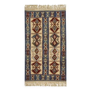 Turkish Antique Kilim Runner Blue Geometric Tribal Hallway Rug 90 x 142 cm