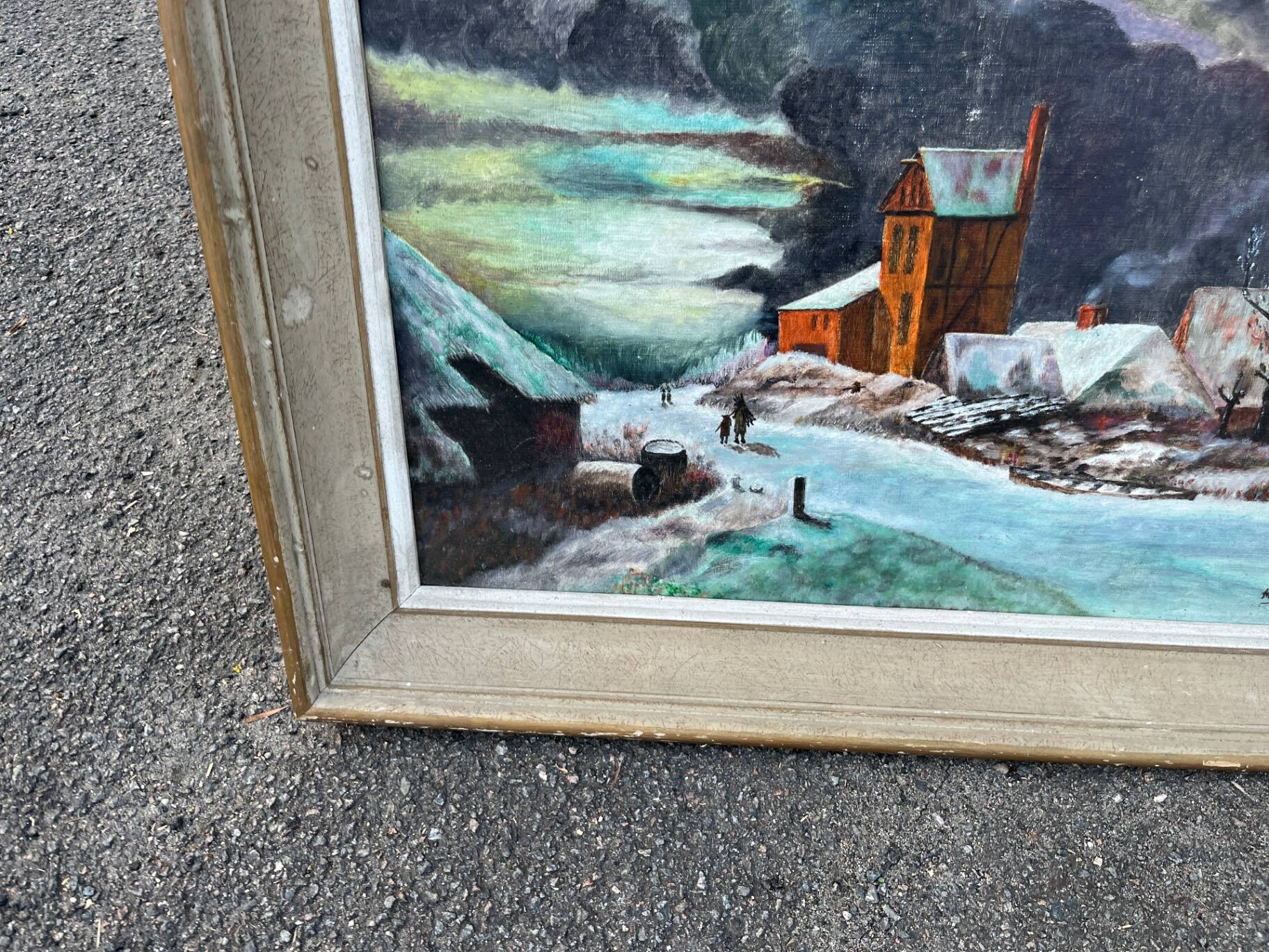 Tableau huile paysage hiver neige village signe H. Paris - Cadre