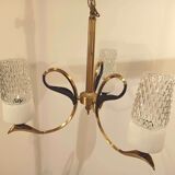 Vintage chandelier 3 burners brass gilded globes opaline glass white striated