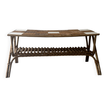 Large coffee table in Audoux style made of bamboo, rattan & ceramic, Italy 1970.