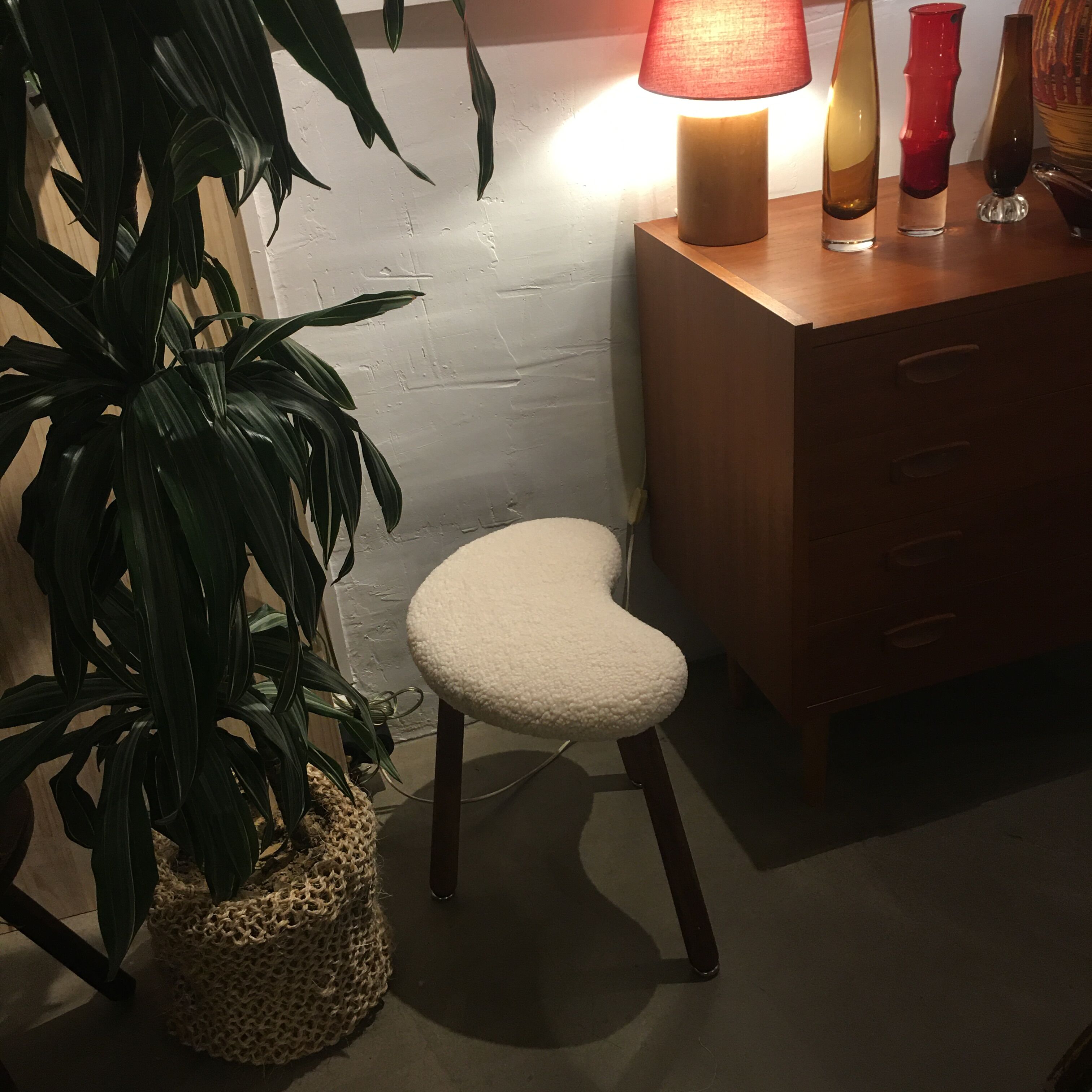 Painted beech tripod stool, contemporary