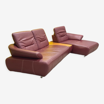 Canapé d’angle vintage koinor avanti avec structure en bois et revêtement en cuir rouge