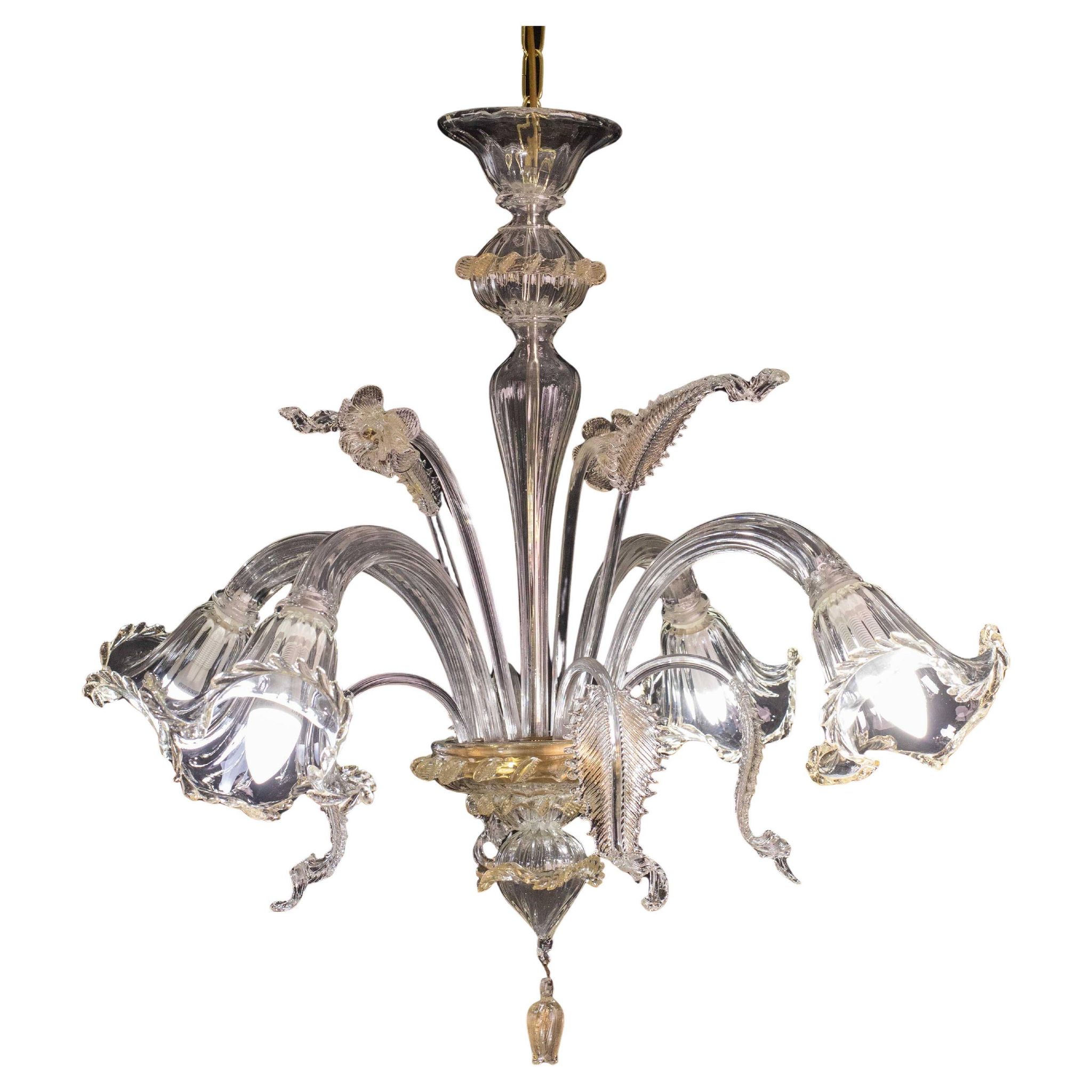 Charming vintage Venetian chandelier, transparent and gold Murano glass, 1970s