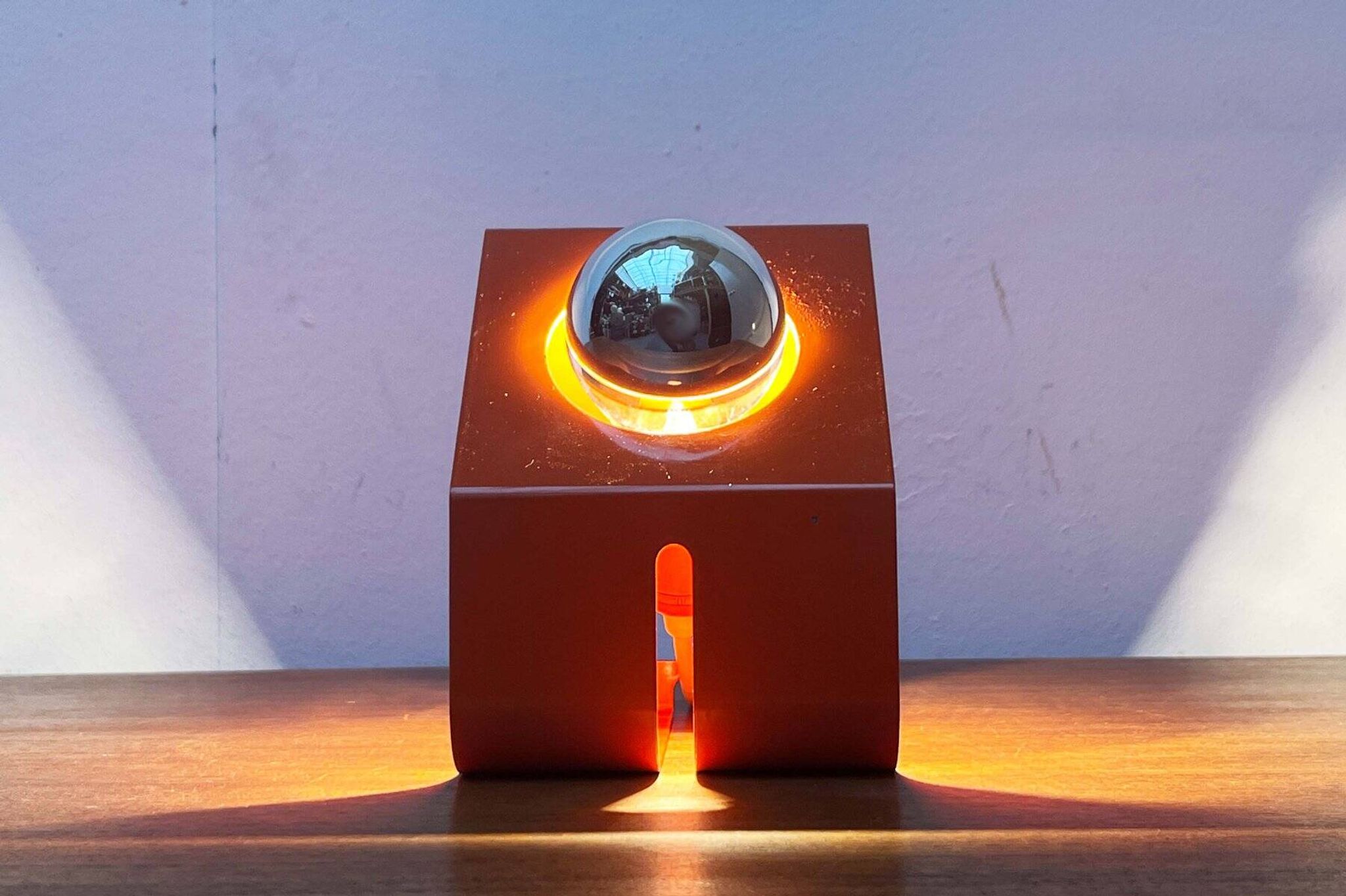 Orange metal table lamp, minimalist, modern mid-century space age, 1960s.