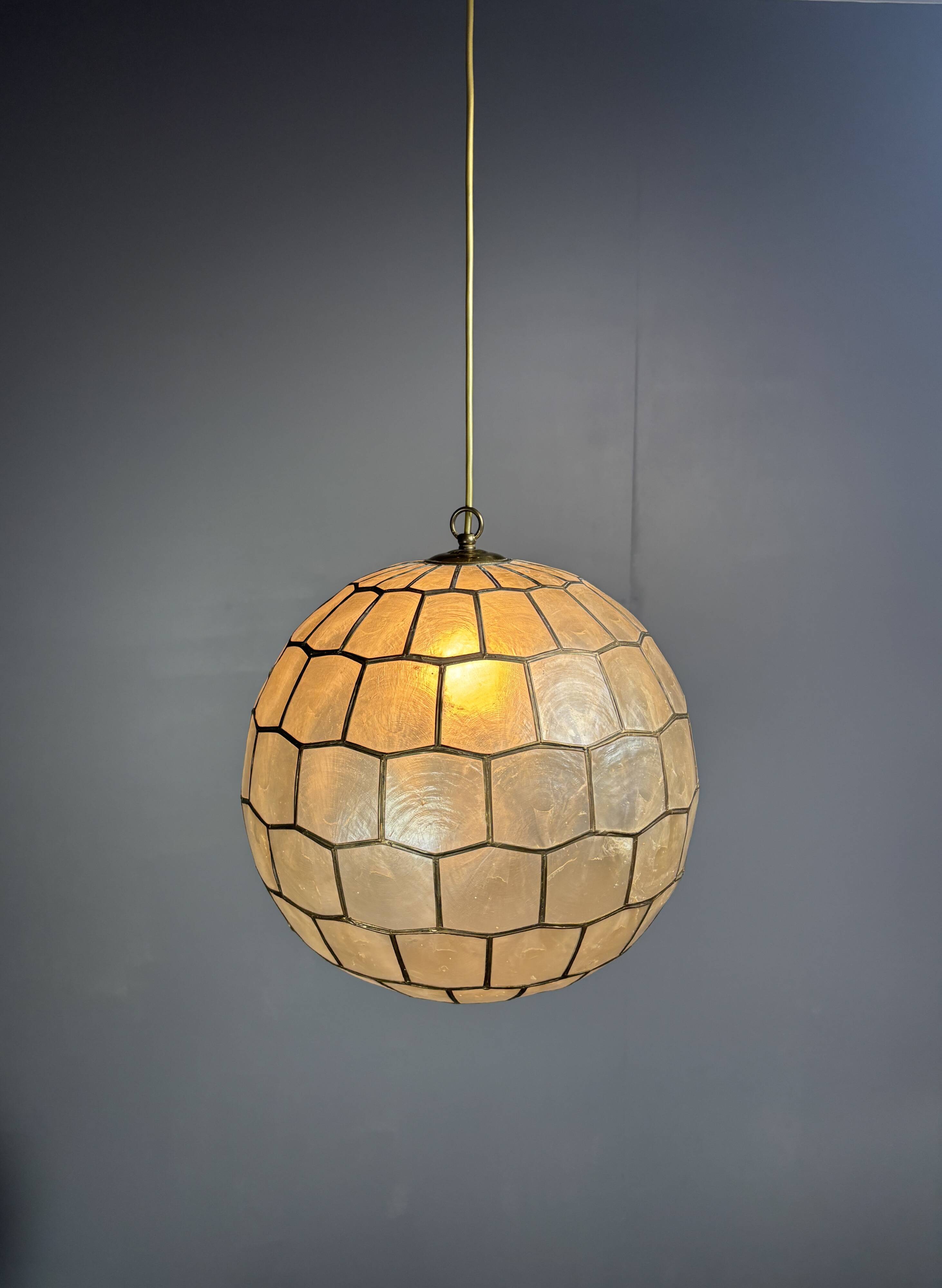 Midcentury mother of pearl Capiz shell & brass sphere large pendant, 1960s
